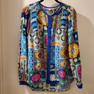 Trina Turk silk blouse in blue, pink, yellow, green, orange; long sleeves, P